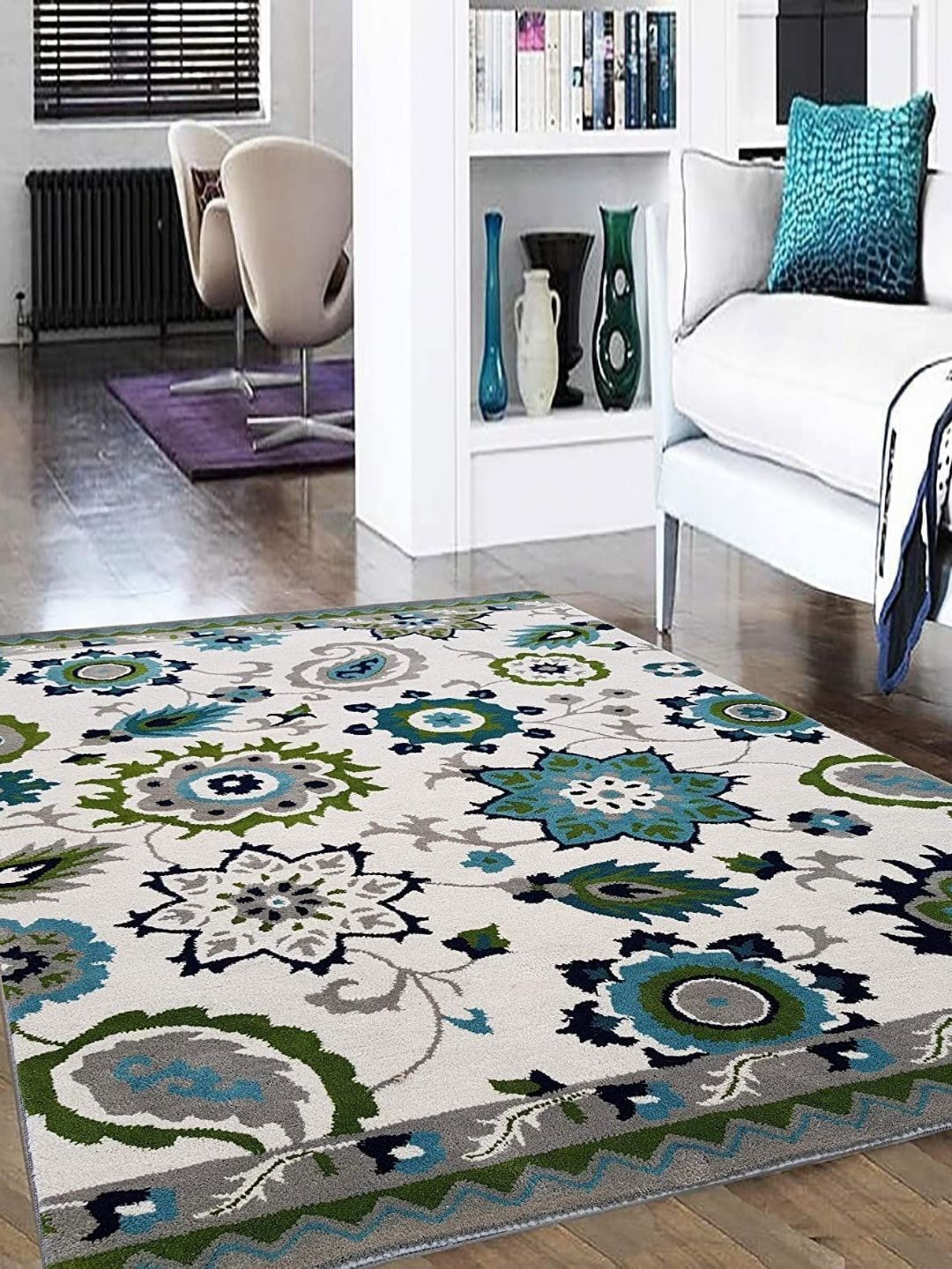 Safiya Carpet Off White & Green Ethnic Motifs Hand-Tufted Woollen Carpets-picture-4
