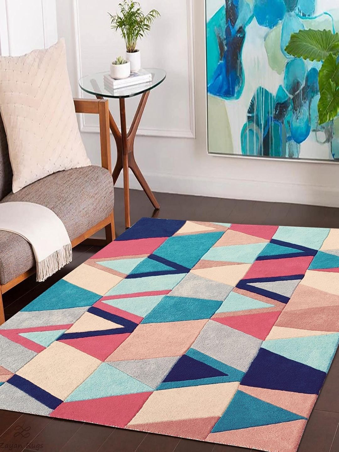 Safiya Carpet Pink & Navy Blue Geometric Woollen Carpet-image-27