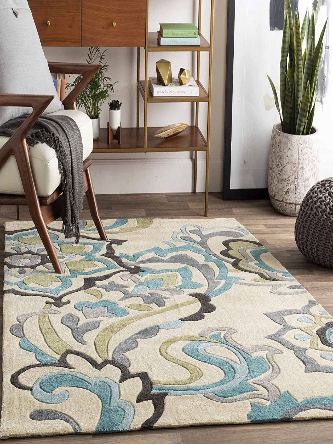 Safiya Carpet Cream & Blue Ethnic Motifs Hand Tufted Woollen Carpets-image-15