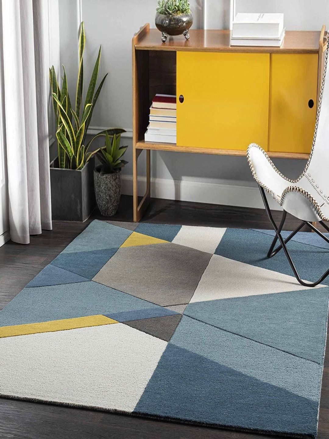 Safiya Carpet Blue & Cream Geometric Hand-Tufted Woollen Carpet-image-43