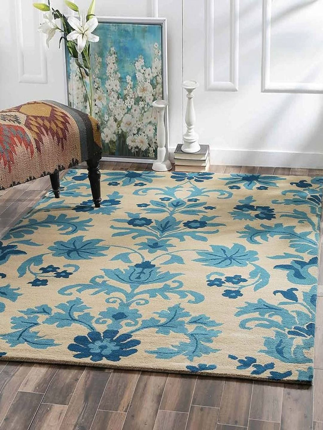 Safiya Carpet Beige & Blue Floral Hand-Tufted Woollen Carpet-image-4