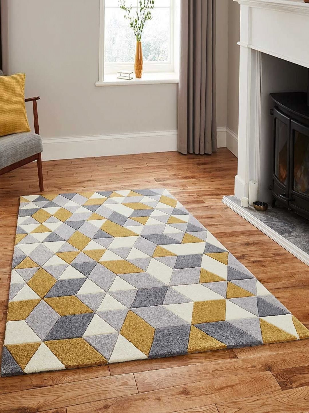 Safiya Carpet Grey & Yellow Geometric Woollen Carpets-image-48