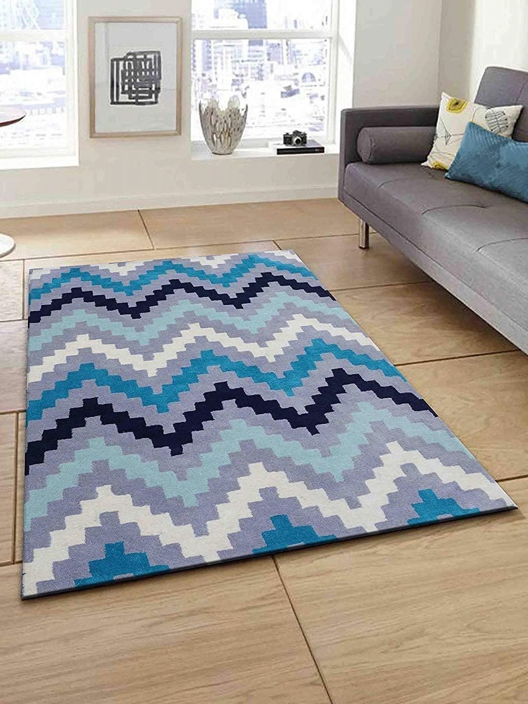Safiya Carpet Grey & Blue Geometric Woollen Carpets-picture-12