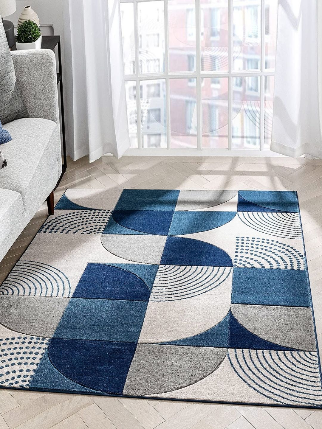 Safiya Carpet Blue & White Geometric Printed Hand Tufted Woollen Carpet-image-7