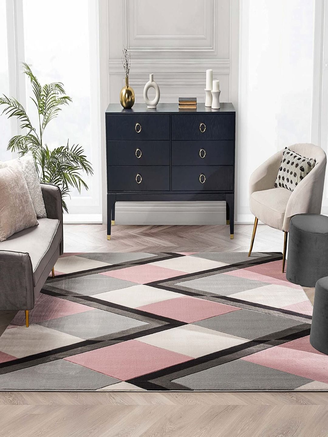 Safiya Carpet Pink & Cream Geometric Printed Hand Tufted Woollen Carpet-image-38