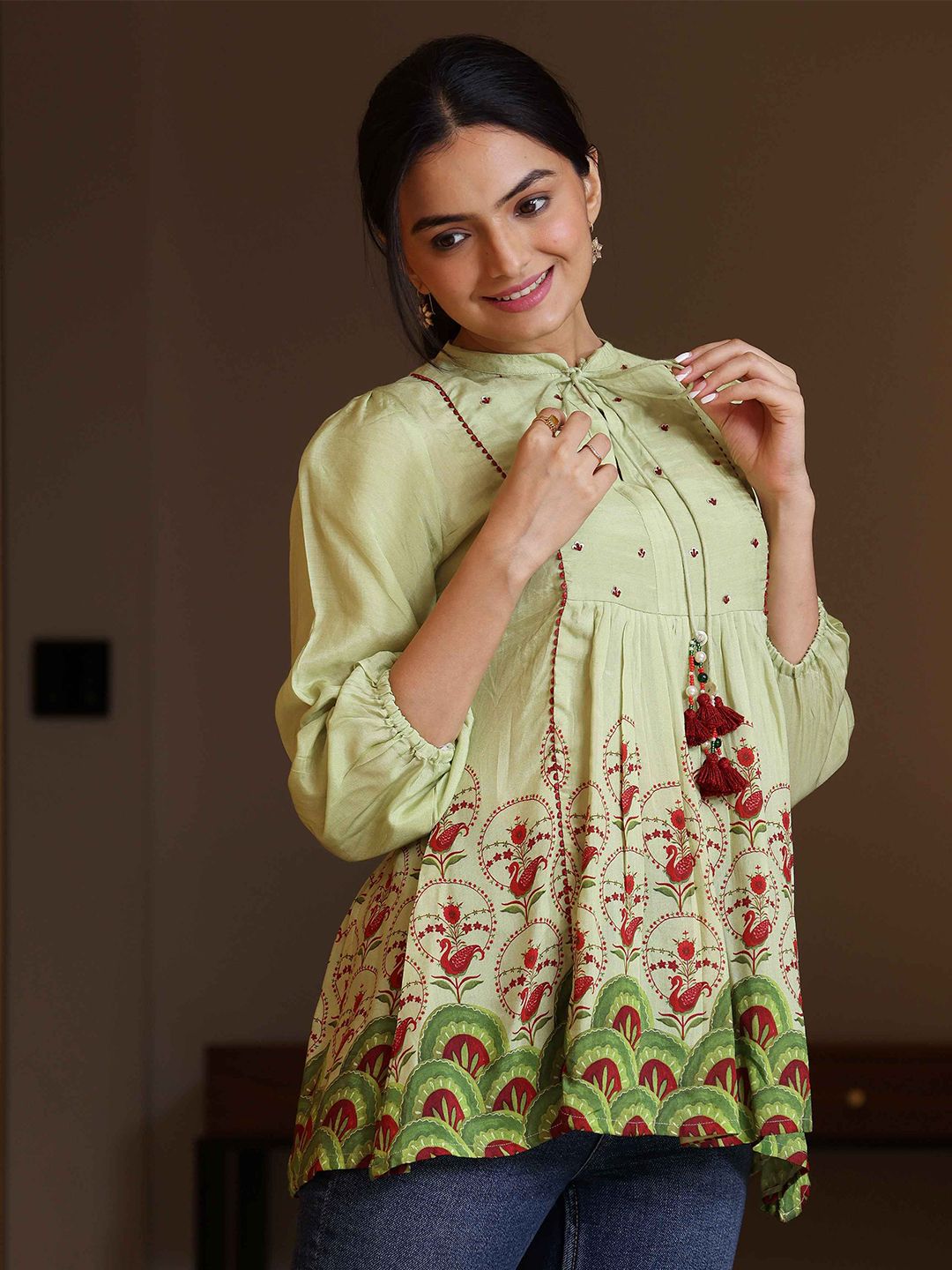 SUKRUTI DESIGN women floral Mandarin Collar Embroidered Printed Tunic-picture-42