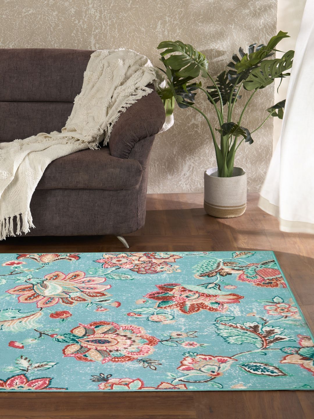 Welspun Maroon & Blue Floral Printed Rectangle Shaped Anti-Skid Carpet-image-14