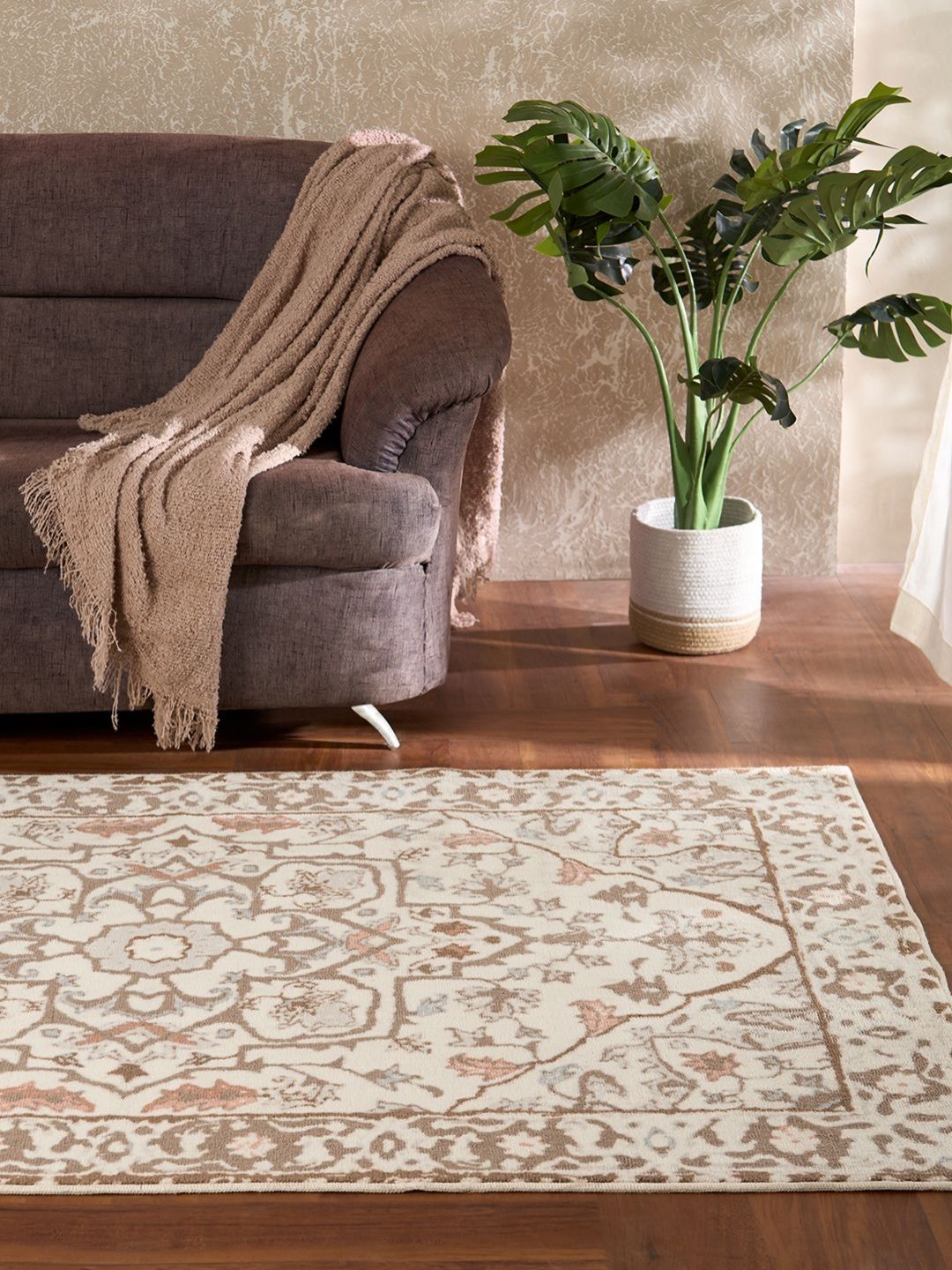 Welspun Grey & Brown Floral Printed Rectangle Shaped Anti-Skid Carpet-image-29