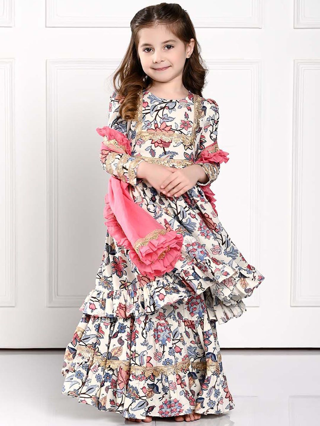 THE PONY & PEONY CO. Girls Printed Thread Work Anarkali Kurta With Sharara & Dupatta-picture-23