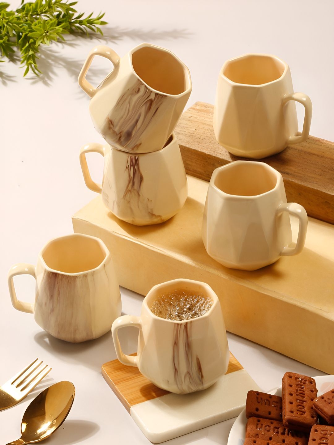 Arrabi Cream-Coloured & Brown Printed Ceramic Glossy Cups Set of Cups and Mugs