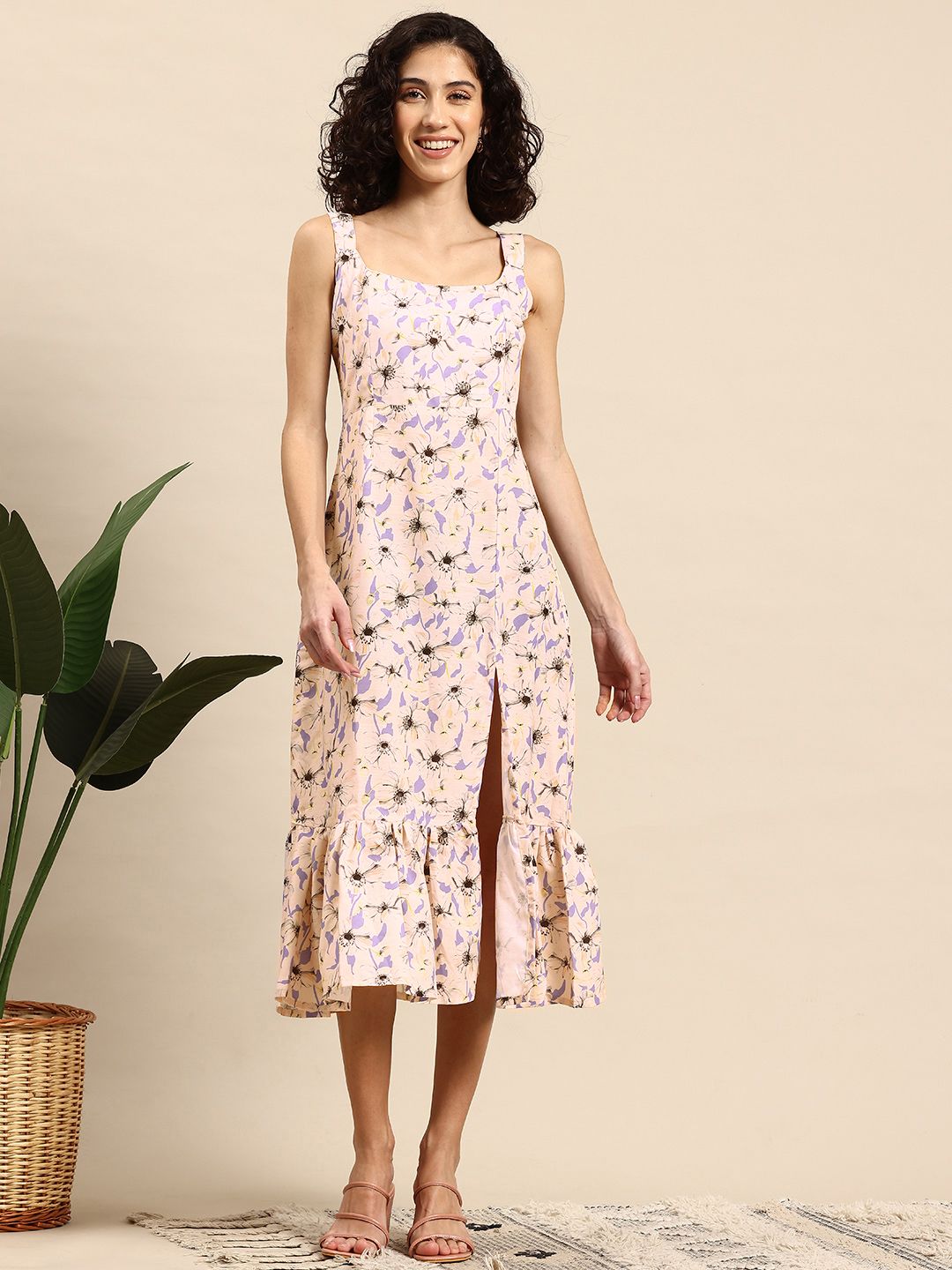 Mast & Harbour Front Slit Shoulder Straps Printed Midi Dress-picture-25