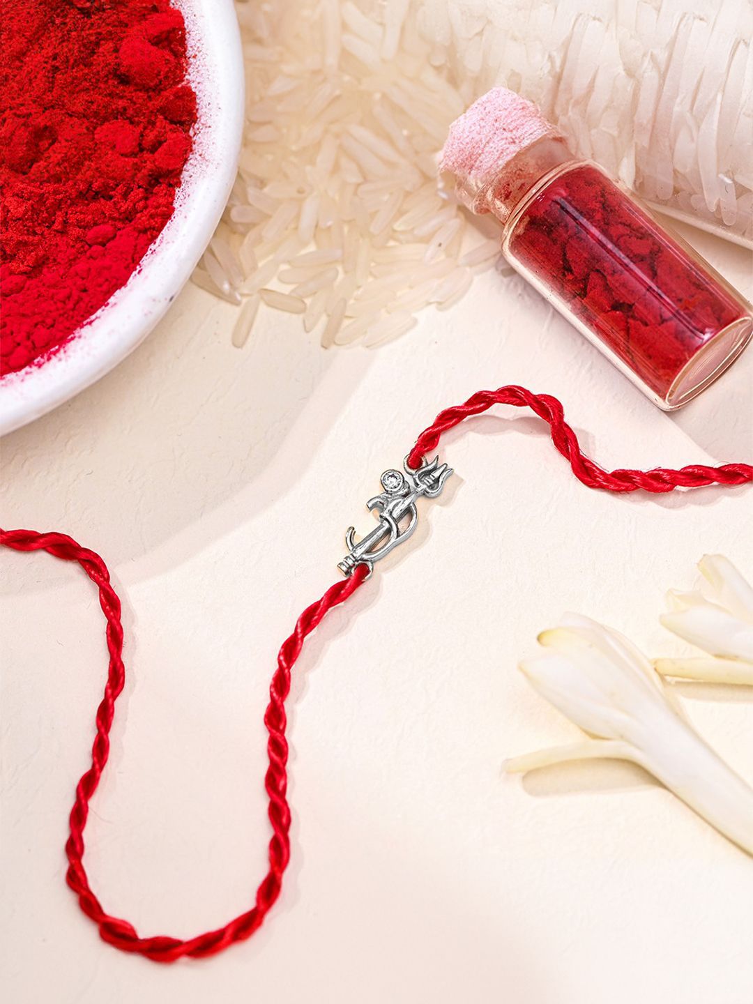 Zavya 925 Sterling Silver Om & Thrishul Charm Threaded Rakhi With Roli & Chawal-picture-13