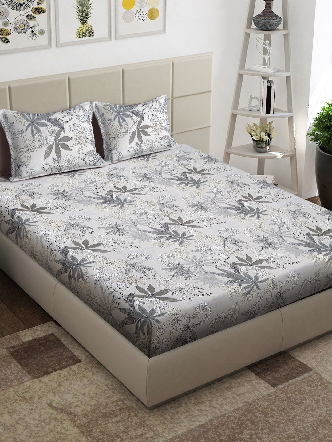Arrabi Grey & White Floral 300 TC King Bedsheet with 2 Pillow Covers-picture-18
