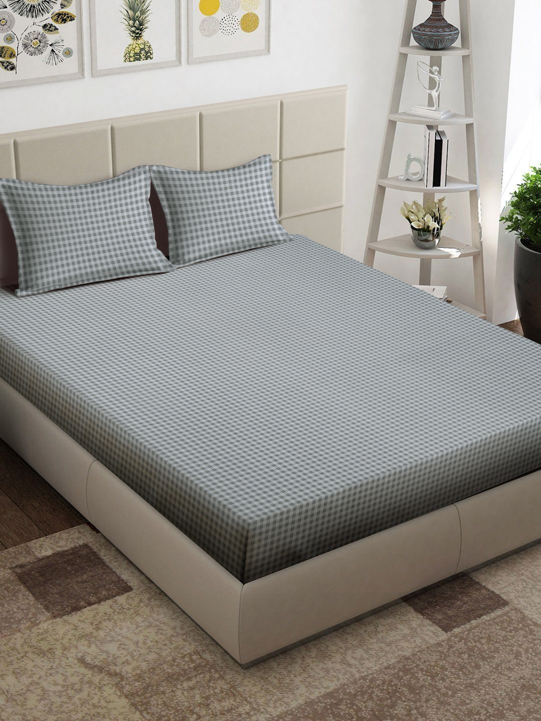 Arrabi Grey Geometric 300 TC King Bedsheet with 2 Pillow Covers-picture-10