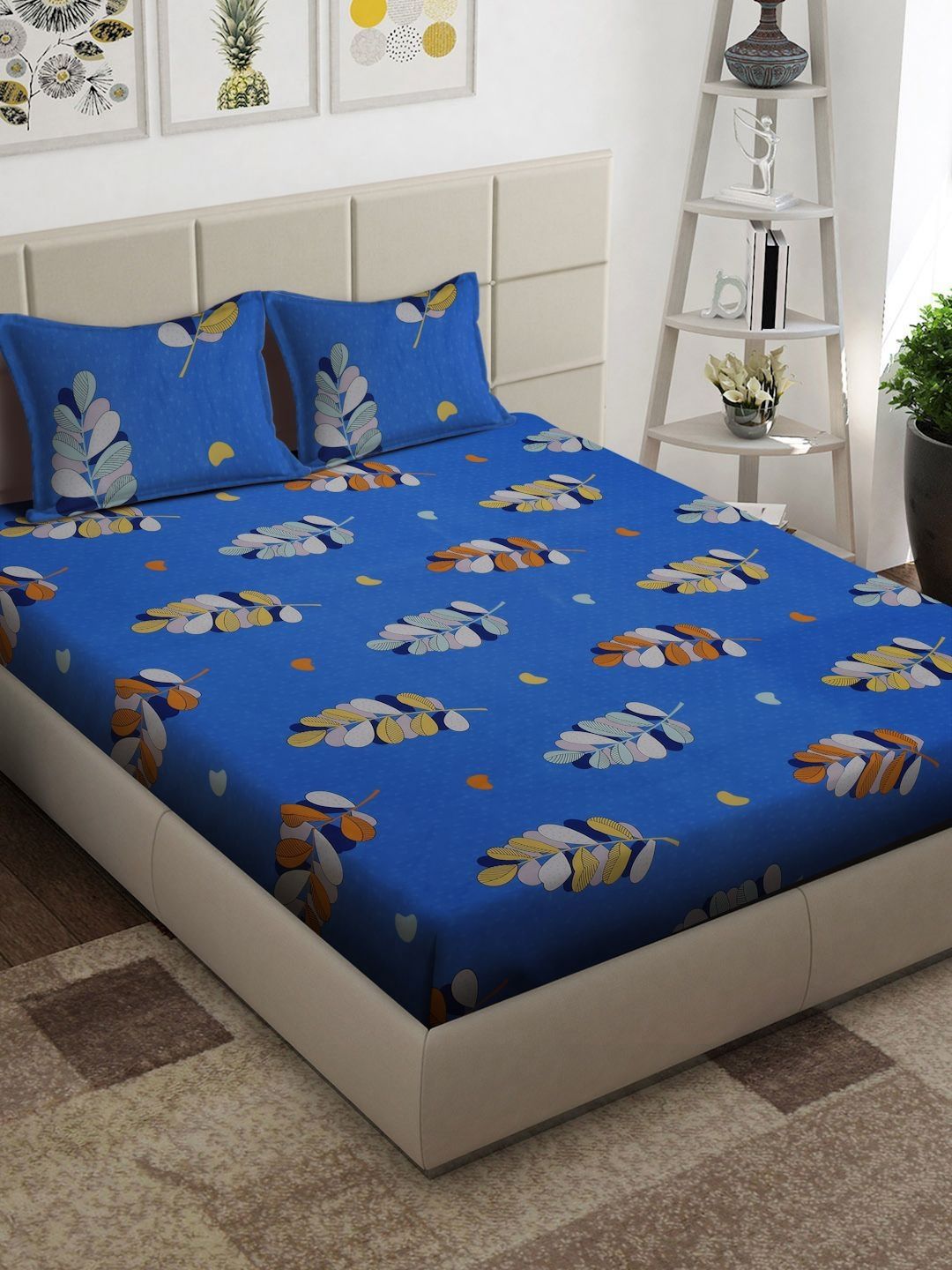 Arrabi Blue & Orange Floral 300 TC King Bedsheet with 2 Pillow Covers-picture-31