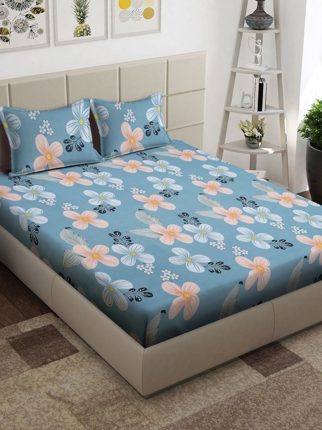 Arrabi Blue & Orange Floral 300 TC King Bedsheet with 2 Pillow Covers-picture-14