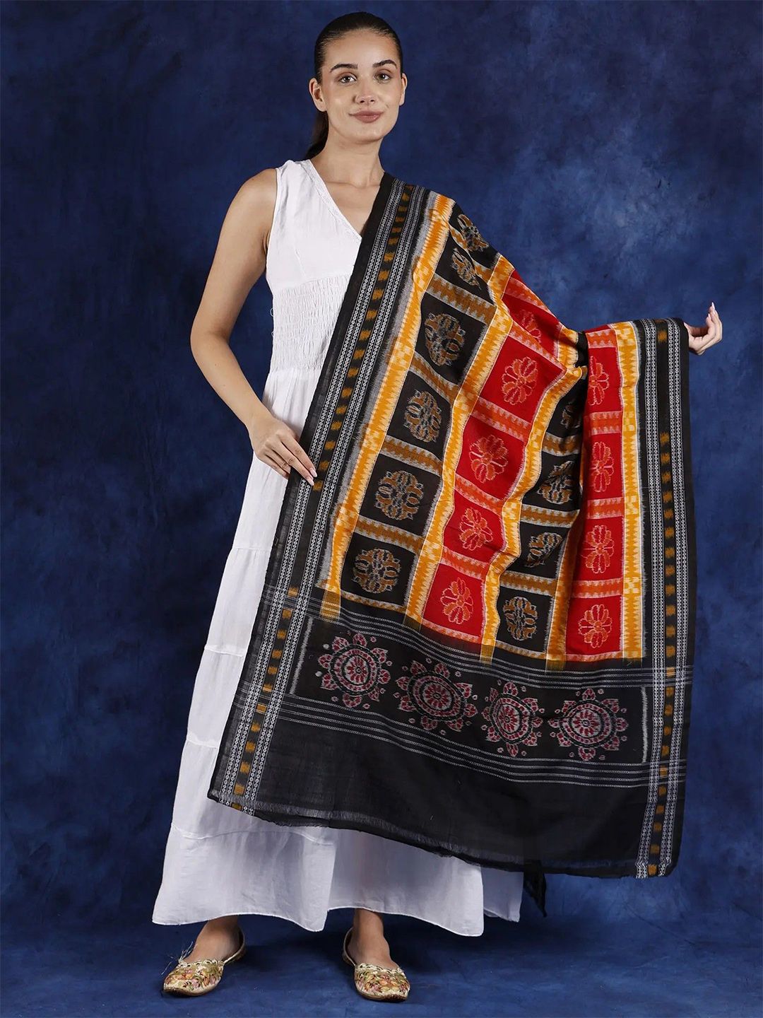 Exotic India Ethnic Motifs Woven Design Pure Cotton Ikat Dupatta-picture-58