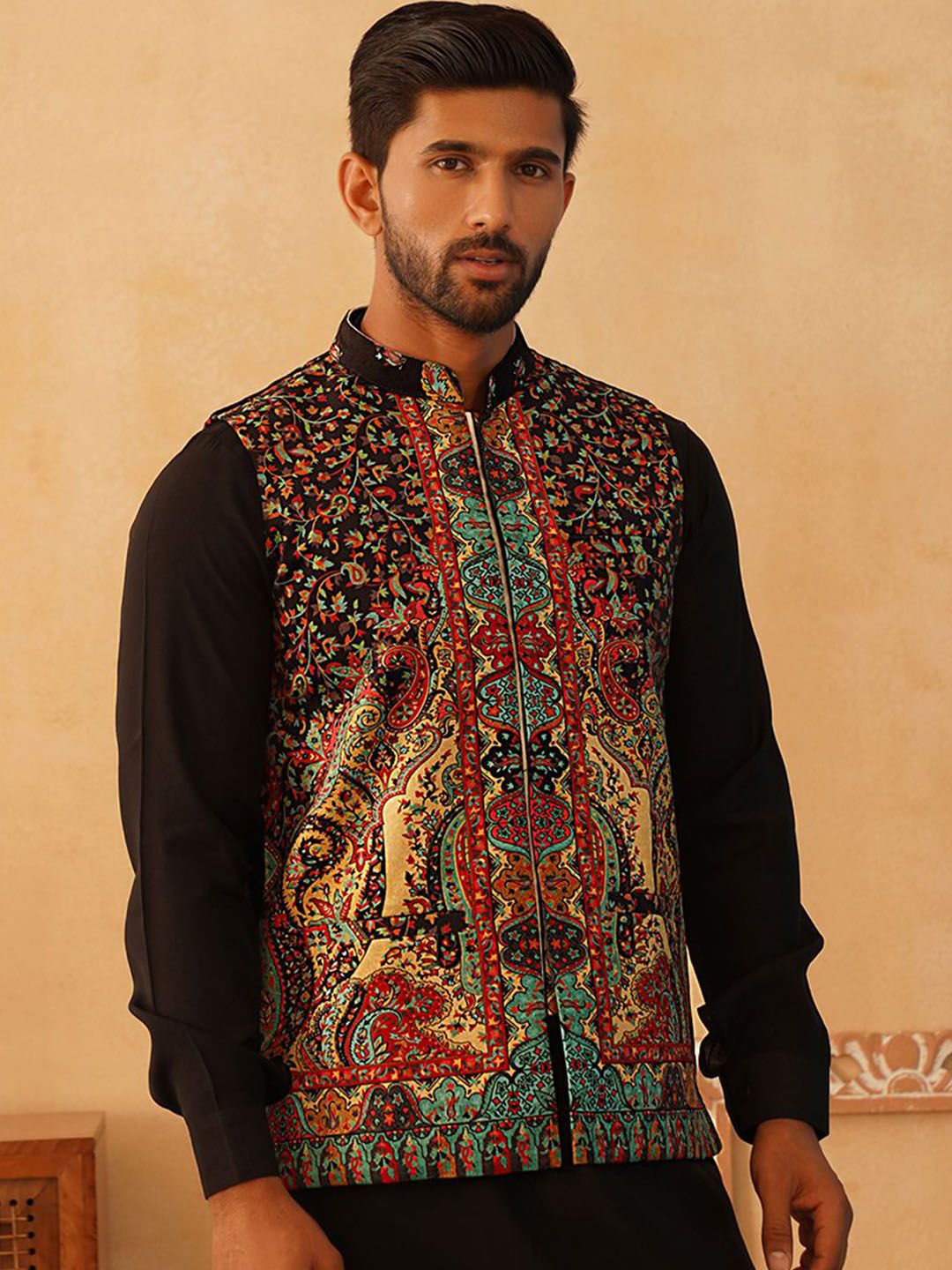 Jompers Printed Velvet Nehru Jacket-image-10
