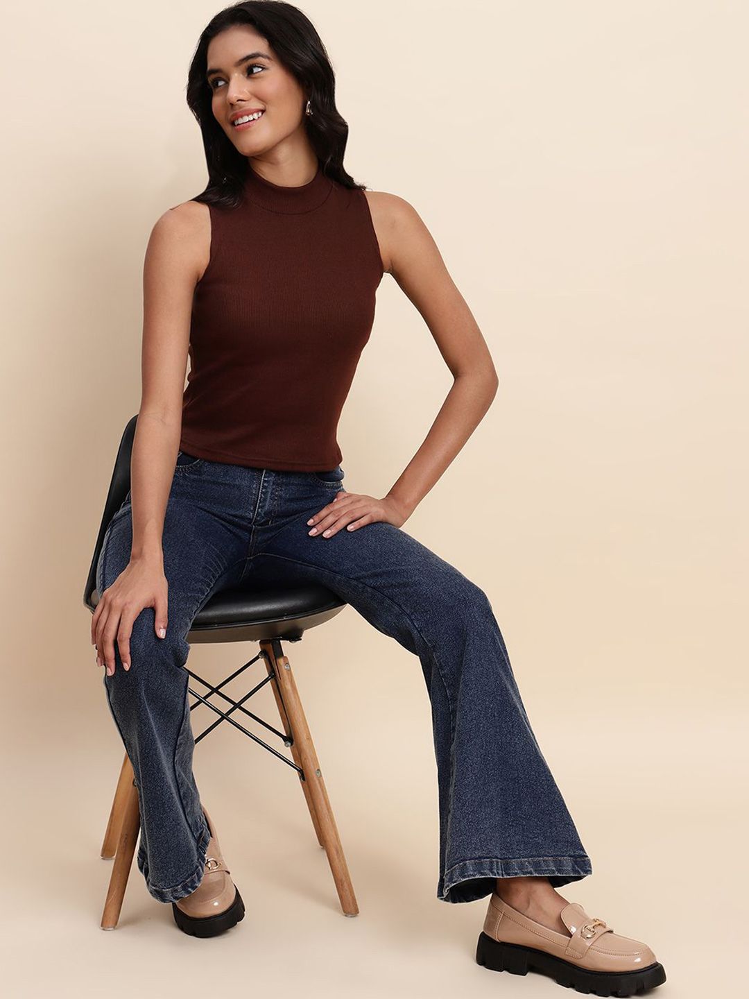 Women's Brown High Neck Acrylic Top