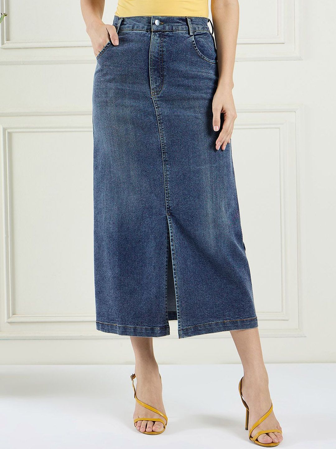 DRAPE AND DAZZLE Women Denim Front Slit Midi A-Line Skirt-picture-30