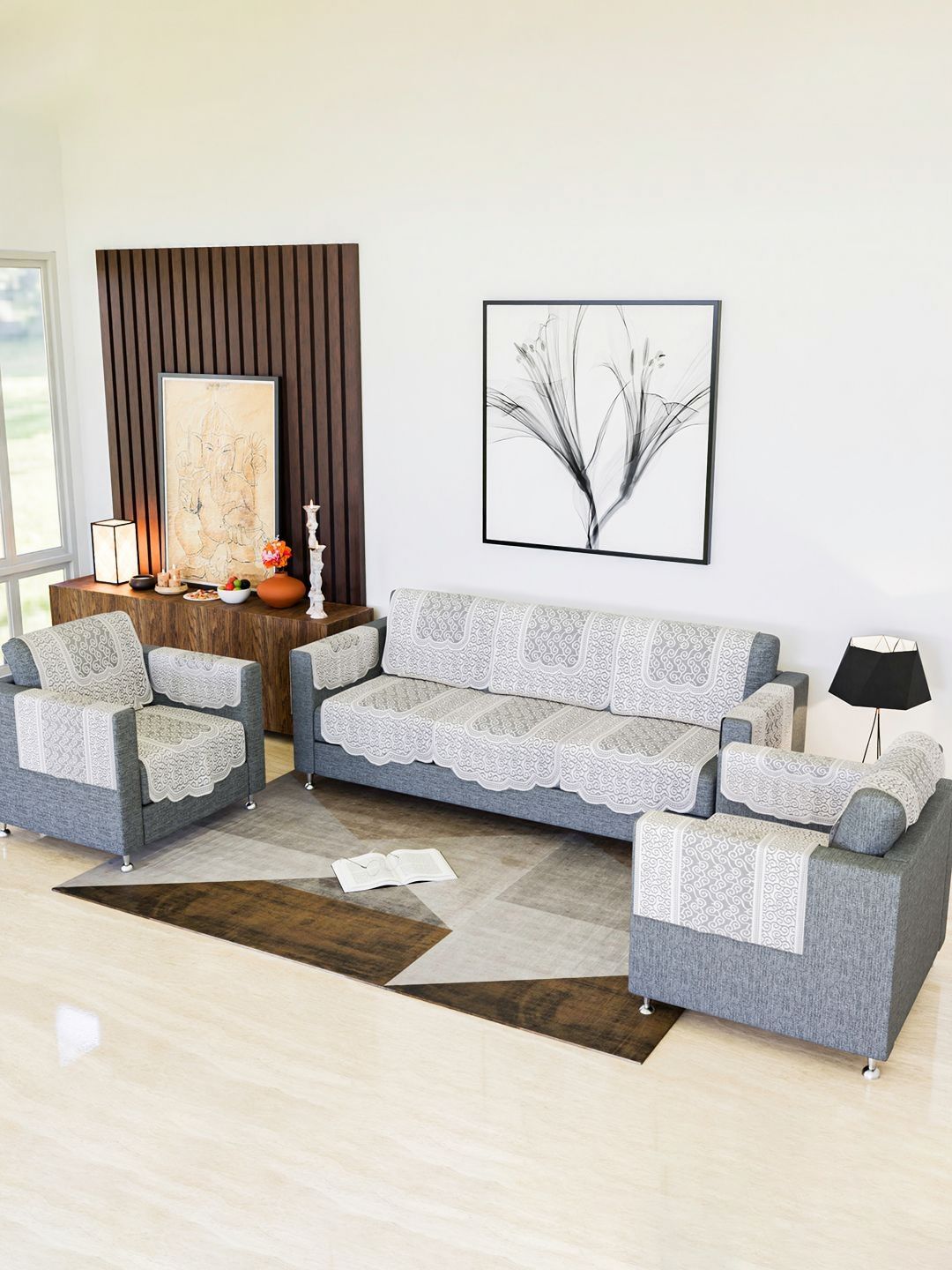 Kuber Industries White & Black Printed Cotton 5 Piece Sofa Cover With Arms