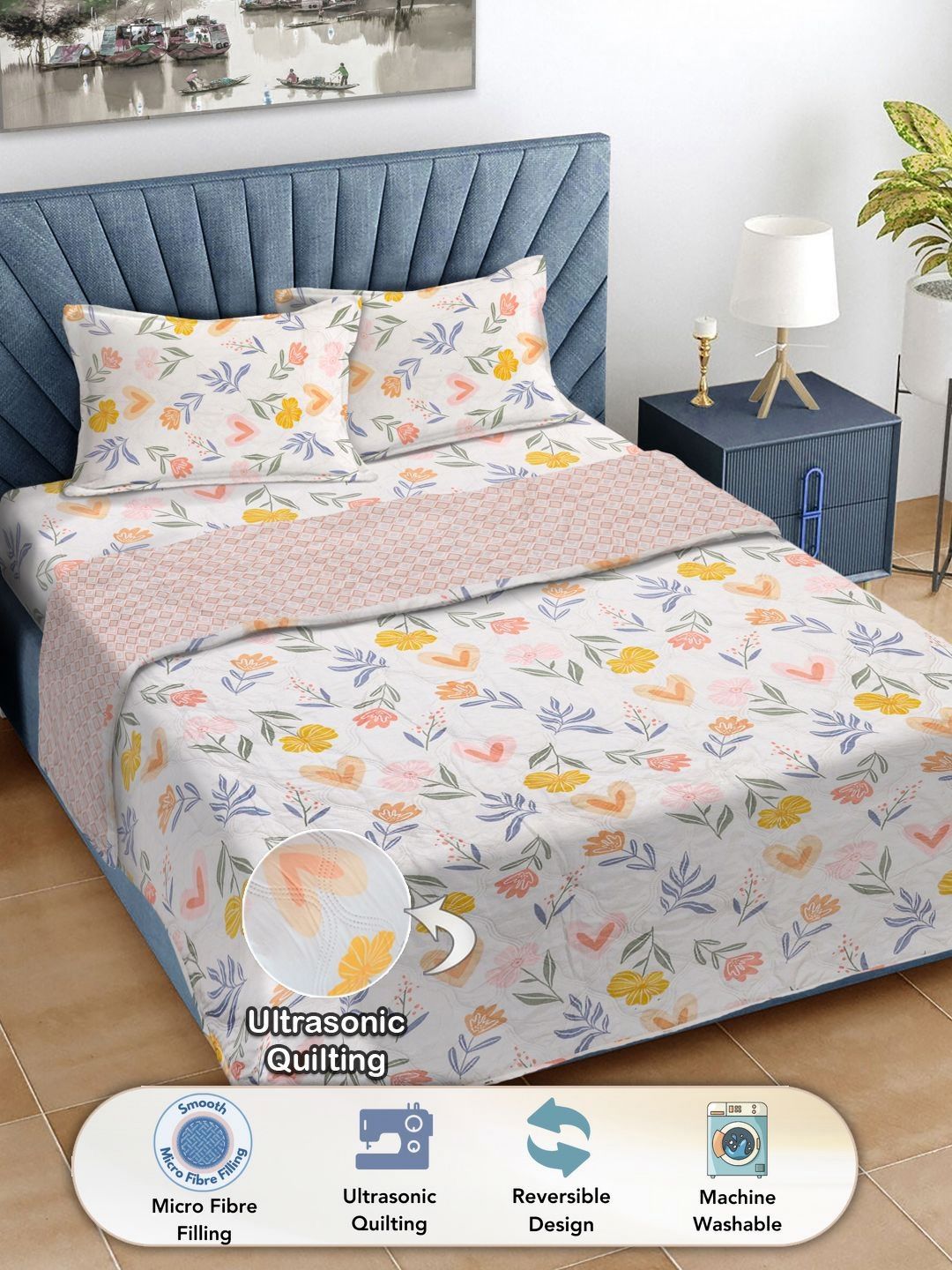 FABINALIV White & Pink Floral Printed Fine Reversible Double King Bedding Set-picture-15