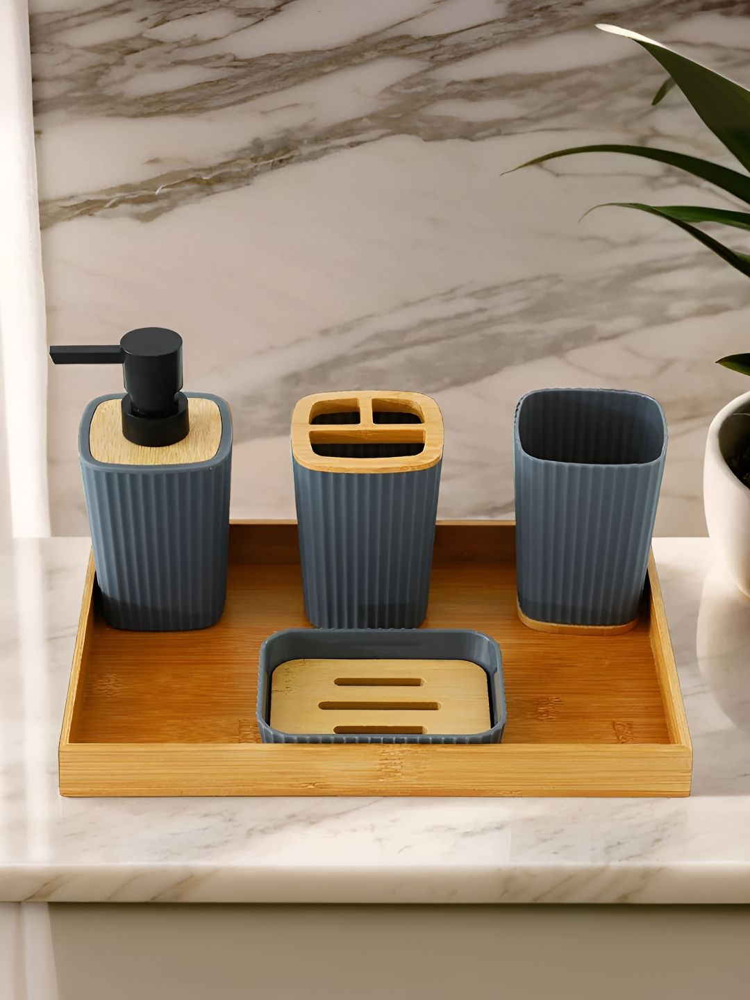 UMAI Grey & Brown 5 piece Striped Plastic Bath Accessories Set-image-46