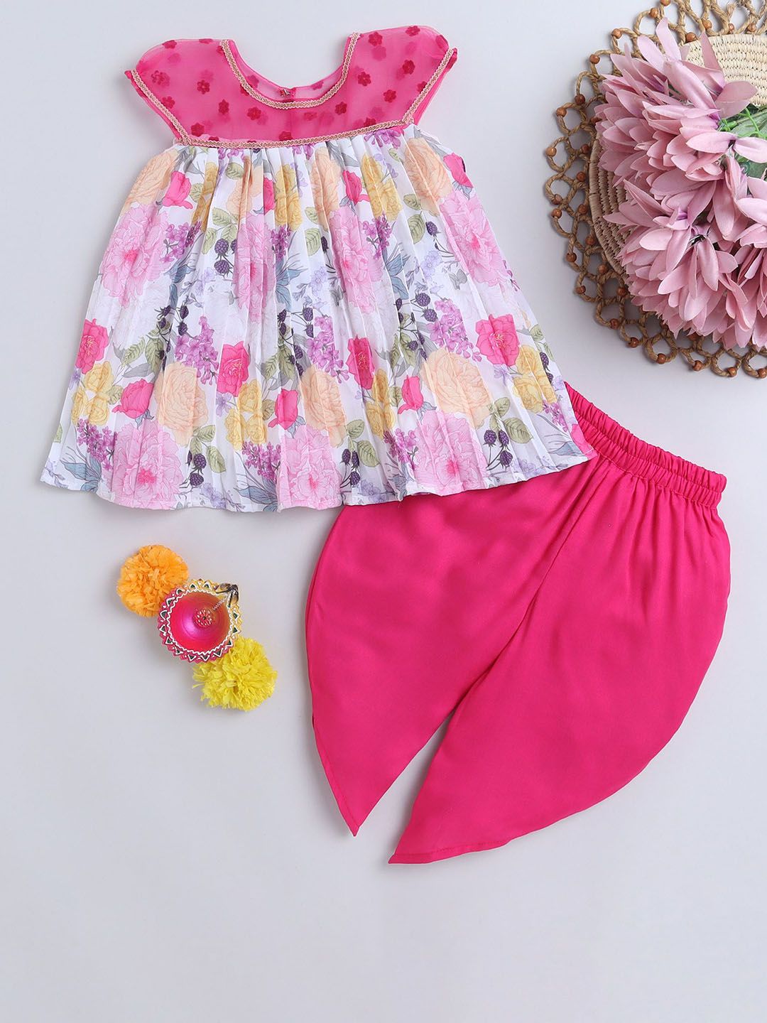 MANY FROCKS & Girls Floral Printed Regular Thread Work Pure Cotton Kurta with Dhoti Pants-picture-26