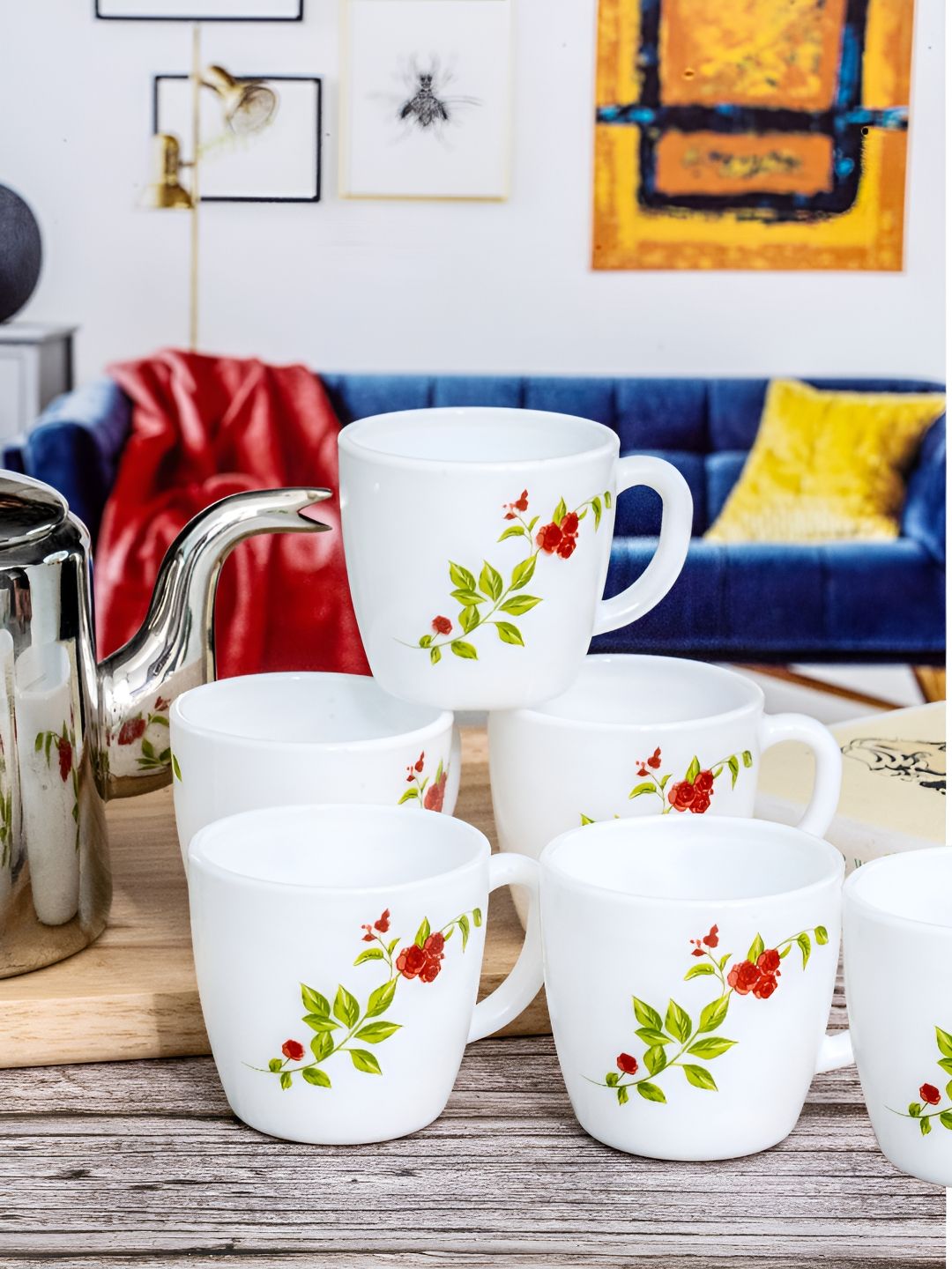 Cello White & Green Floral Printed Opalware Glossy Mugs Set of Cups and Mugs-picture-24