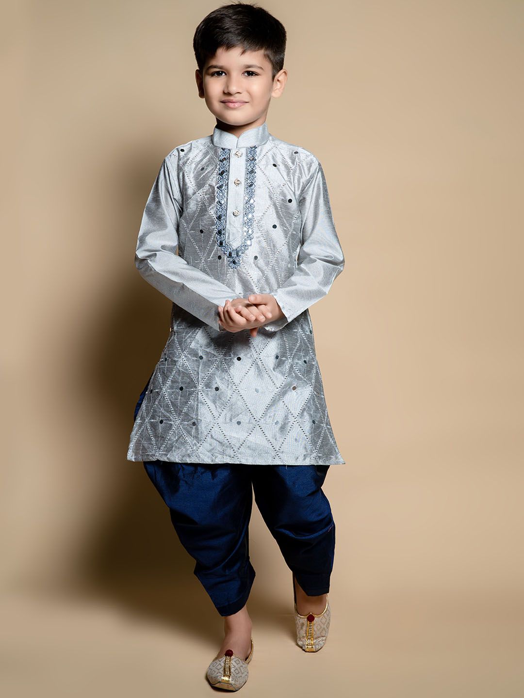 BAESD Boys Floral Embroidered Regular Mirror Work Dupion Silk Kurta with Pyjamas-picture-45