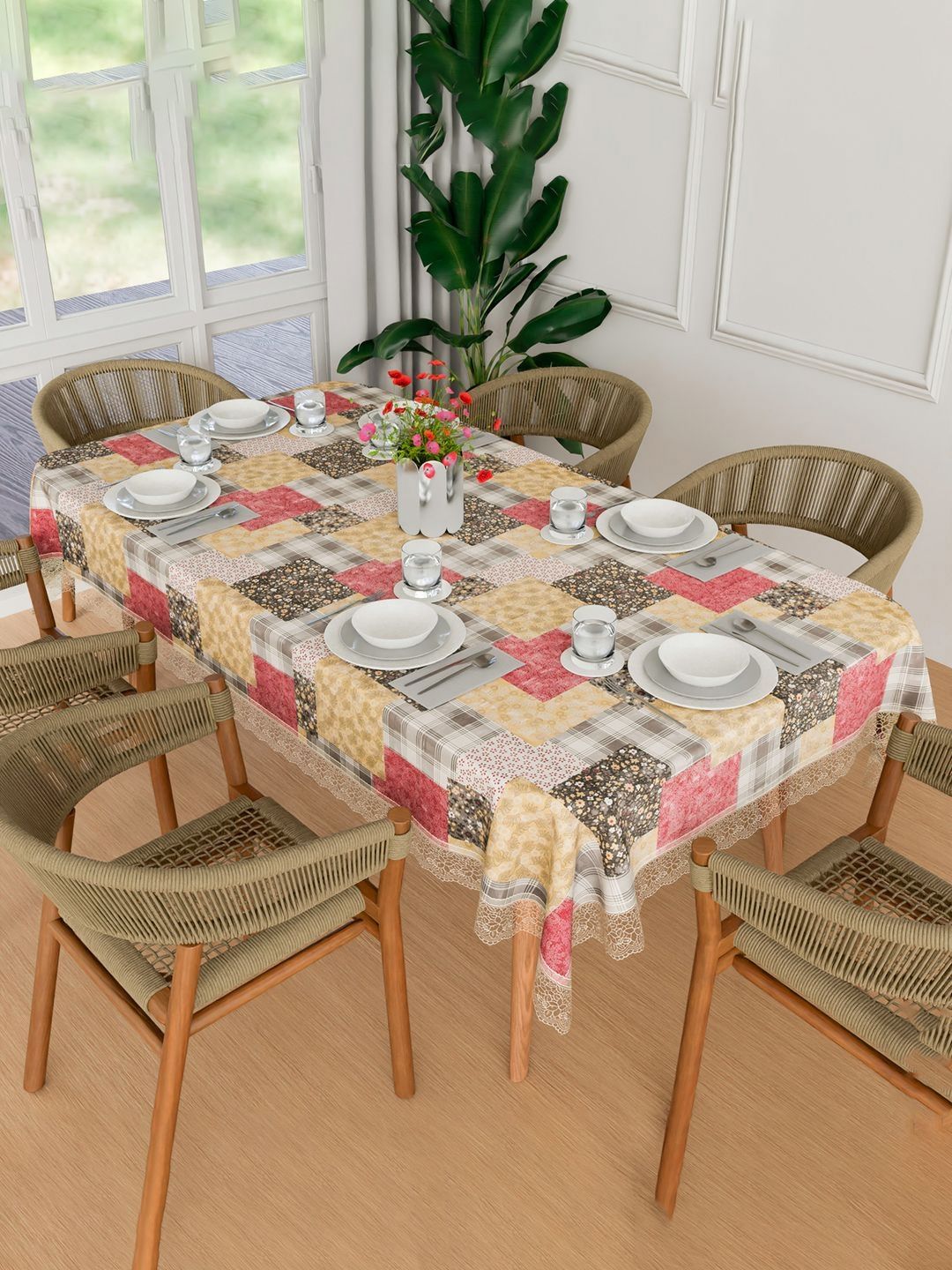 Kuber Industries Pink Floral Waterproof Plastic 6-Seater Table Cover-picture-22