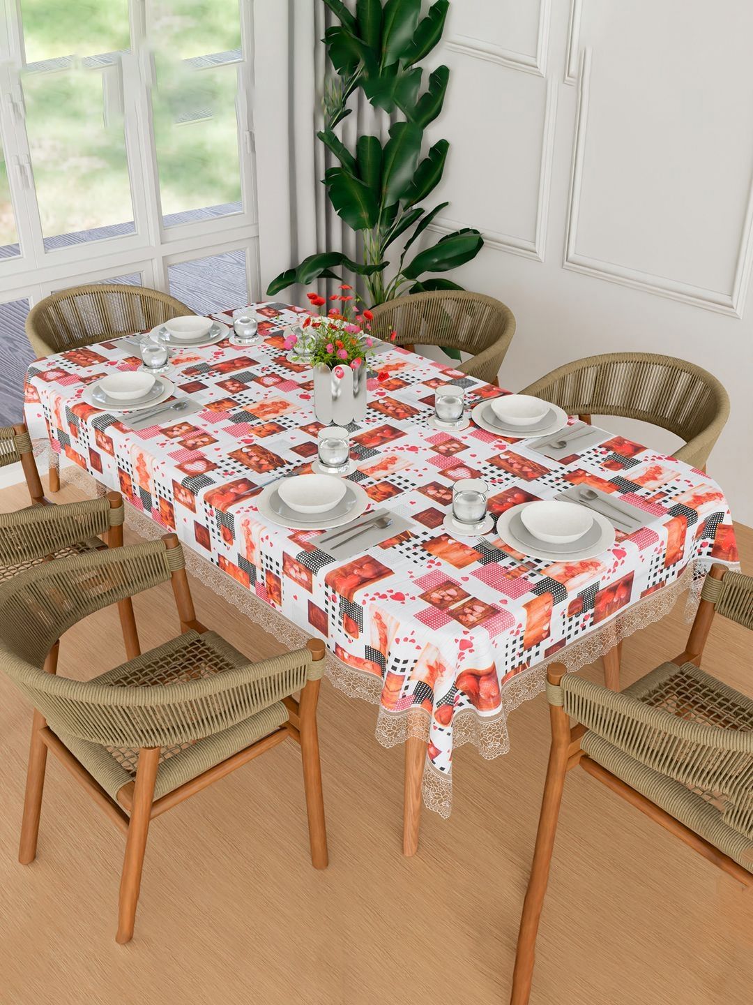 Kuber Industries White Geometric Printed Waterproof Plastic 6-Seater Table Cover-picture-23