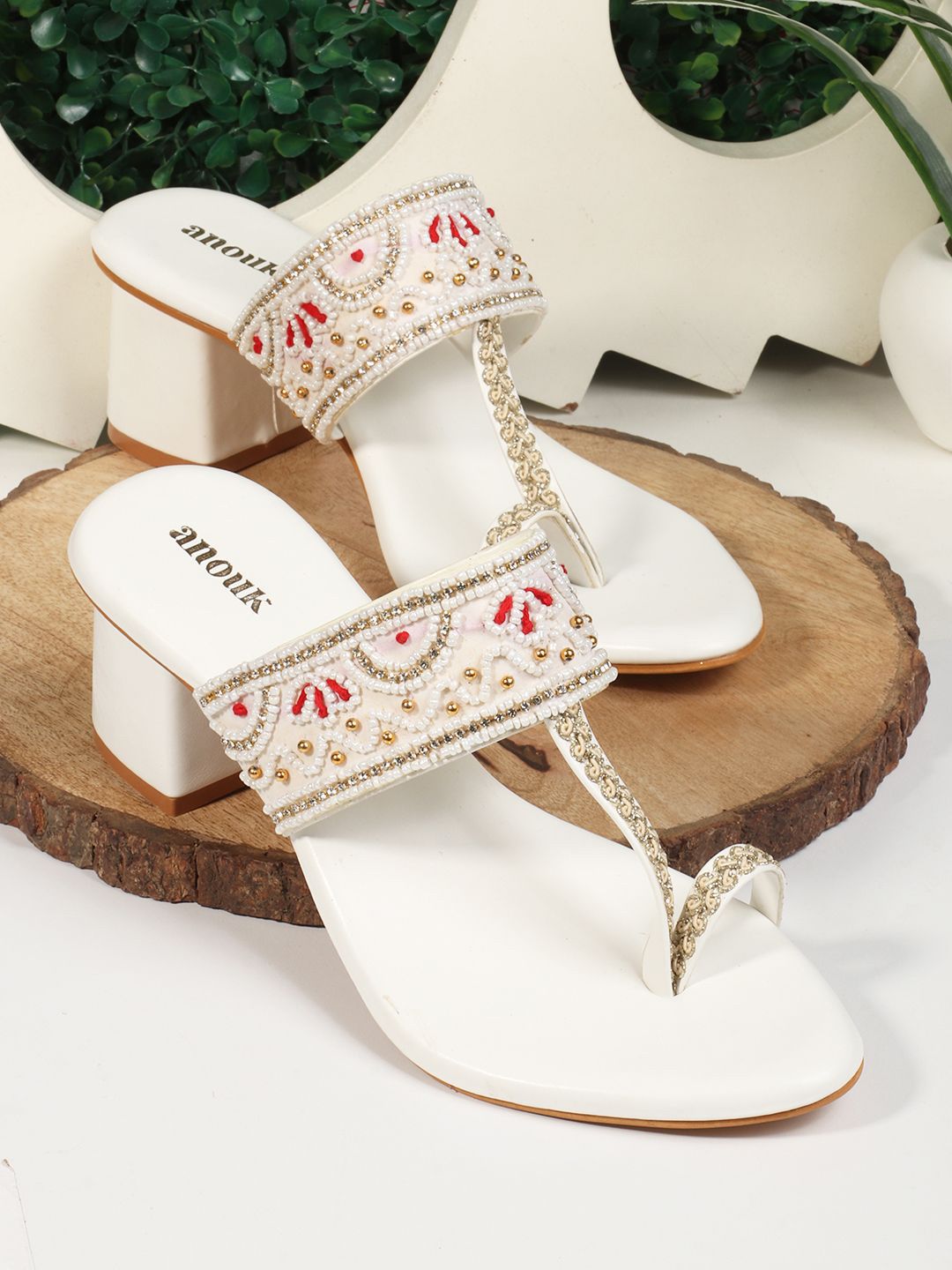Anouk Women Embellished PU Mid-Top Block Sandals Heels with Bows-image-4