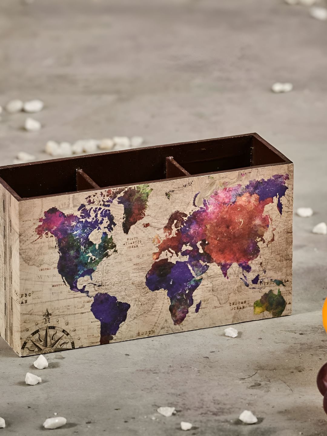 A Tiny Mistake Brown & Purple Atlas Printed Wooden Utility Holder-picture-52
