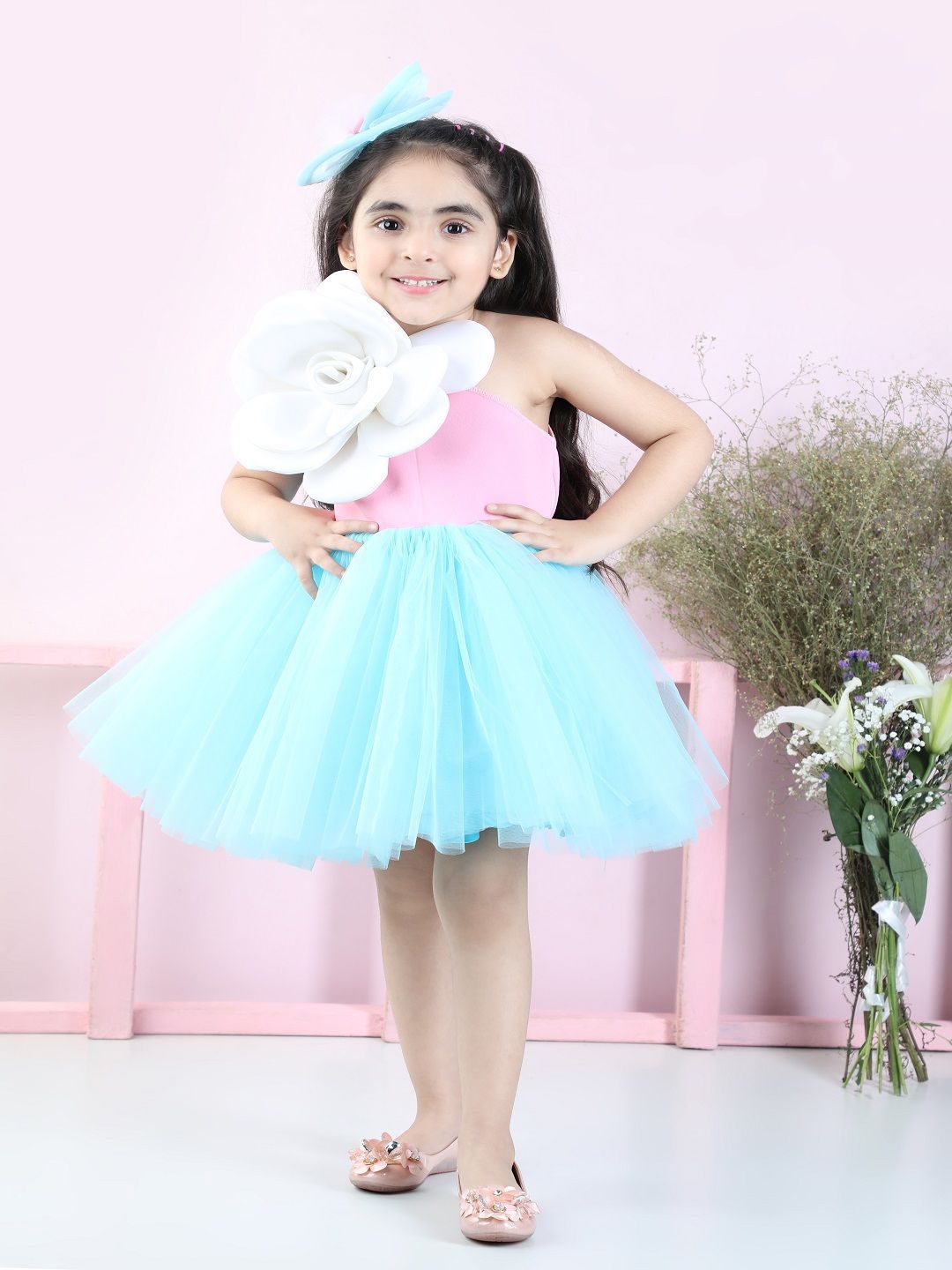THE LITTLE CELEBS Girls Solid One Shoulder Scuba Knee Length Fit & Flare Dress-picture-27