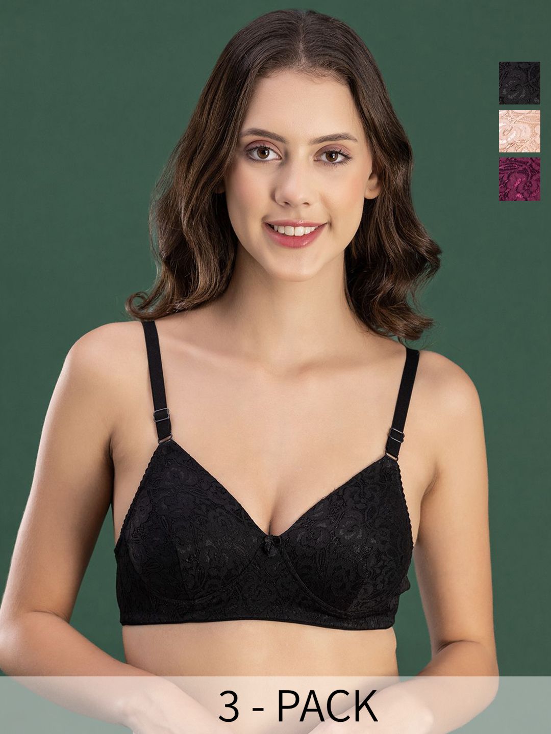 DressBerry Pack of 3 Floral Medium Coverage Heavily Padded Bra