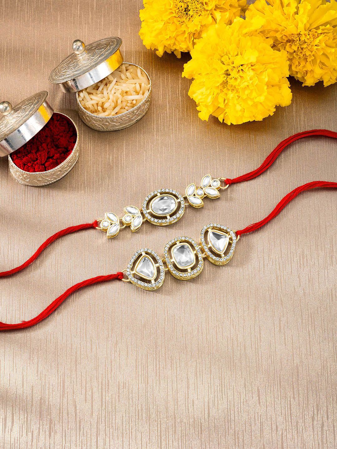 Peora Set Of 2 Kundan Studded & Beaded Thread Rakhis With Roli Chawal & Greeting Card-picture-23