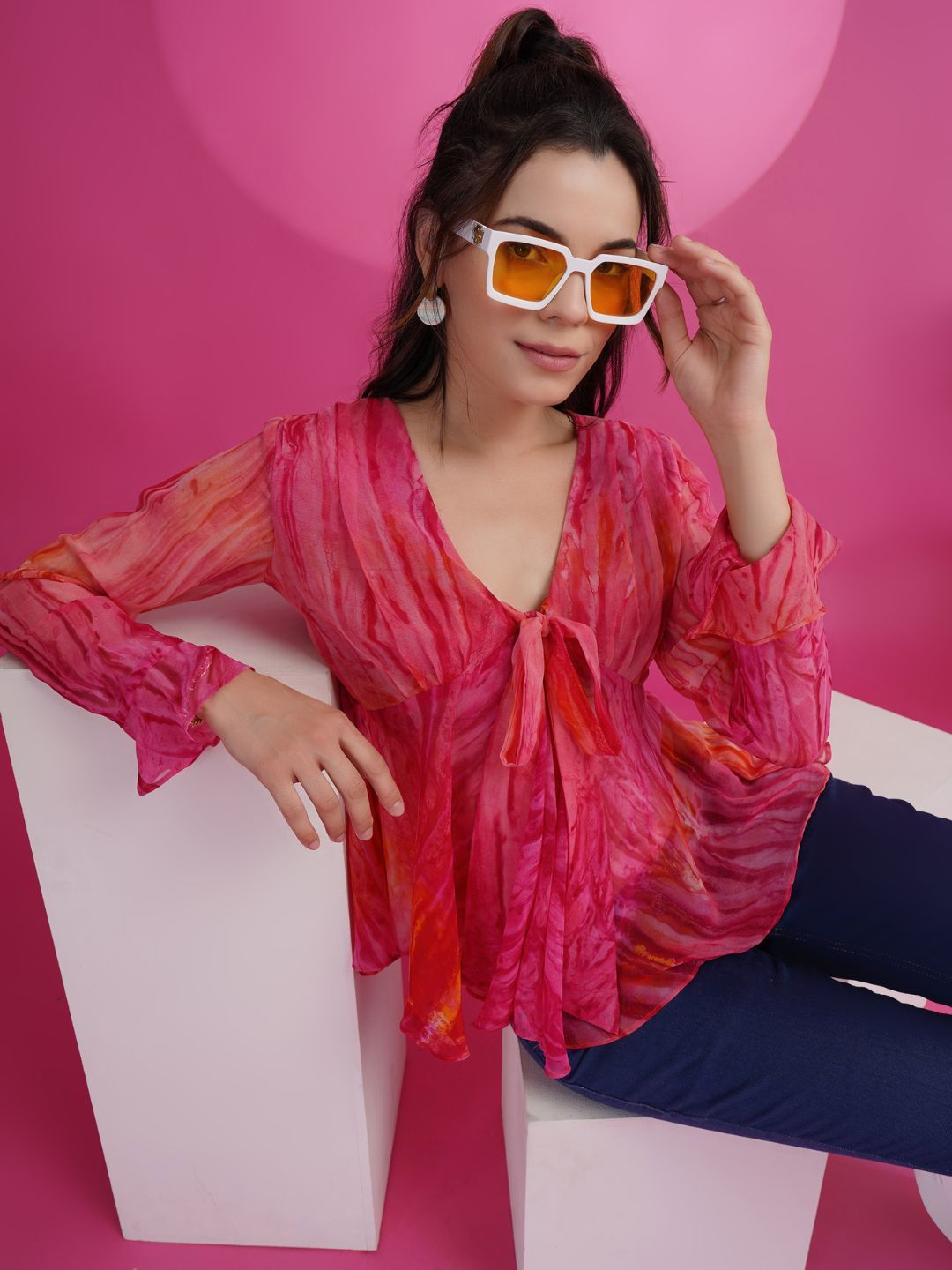 Sangria Pink Ombre Dyed V-Neck Bell Sleeve Georgette A-Line Top-picture-47