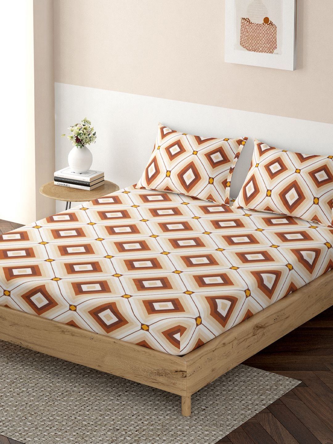 HOKIPO Brown & White Geometric 140 TC Single Bedsheet with 2 Pillow Covers-picture-28