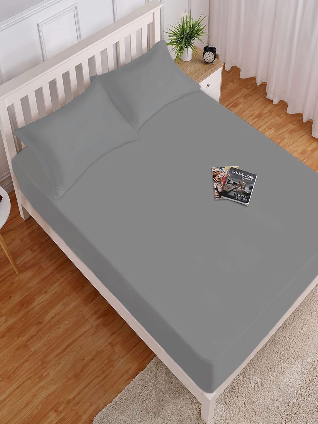 HOKIPO Grey Microfiber 130 TC Fitted Queen Double Bedsheet With 2 Pillow Covers-picture-11