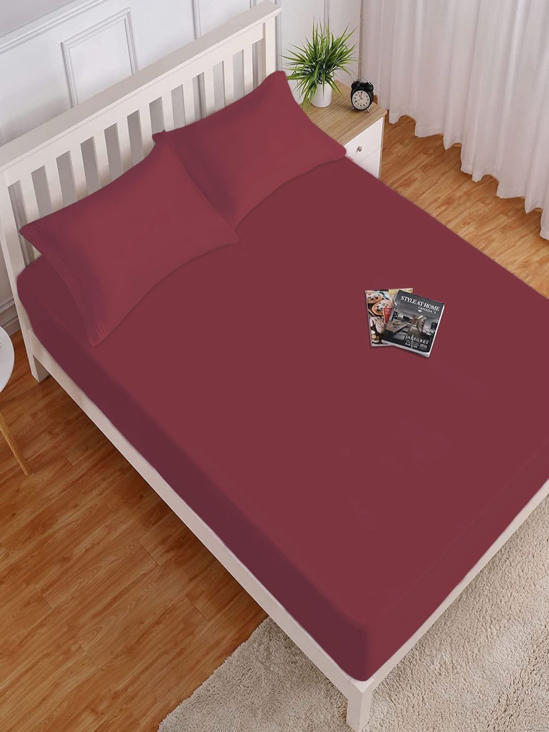 HOKIPO Maroon 130 TC Microfiber Fitted Queen Bedsheet with 2 Pillow Covers-picture-11