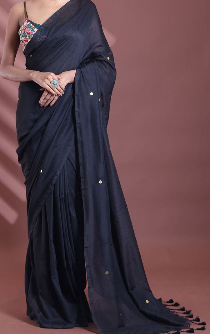 Charulata Noir Pure Mul Cotton Mirrorwork Saree
