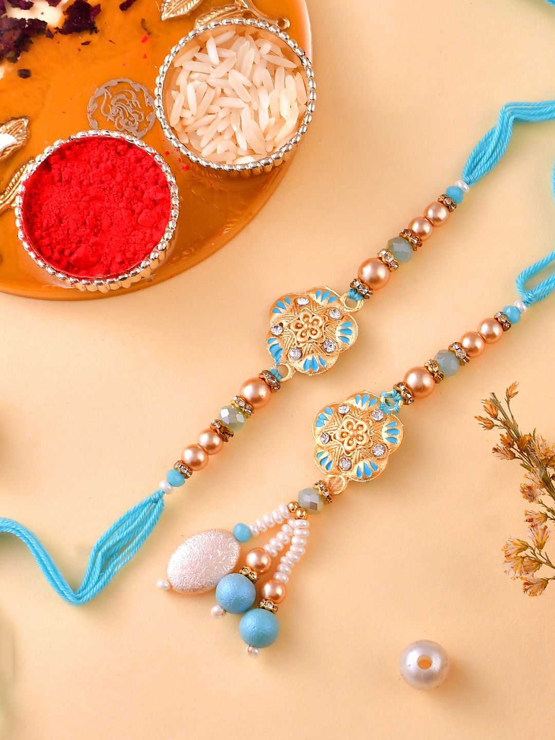 House of Pataudi Pearl Beaded Bhaiya Bhabhi Thread Rakhi With Roli Chawal & Greeting Card-picture-35
