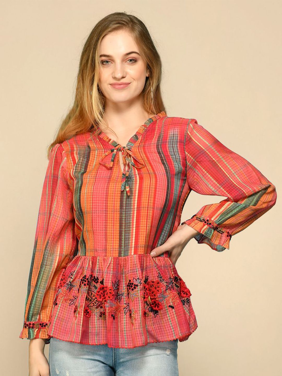 Bhanuni Striped Tie-Up Neck Peplum Top-picture-6