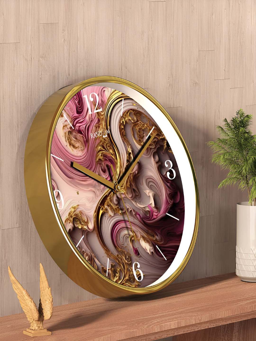 RANDOM Gold Toned & Pink Printed Contemporary Round Wall Clock-picture-51