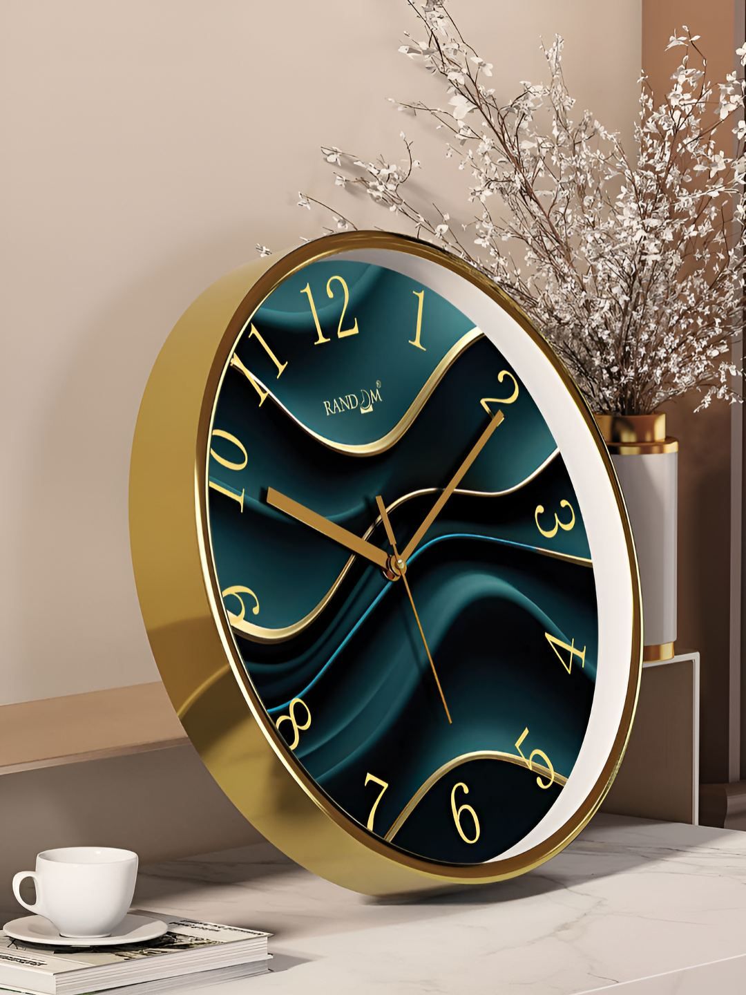 RANDOM Gold Toned & Green Printed Contemporary Round Wall Clock-image-23