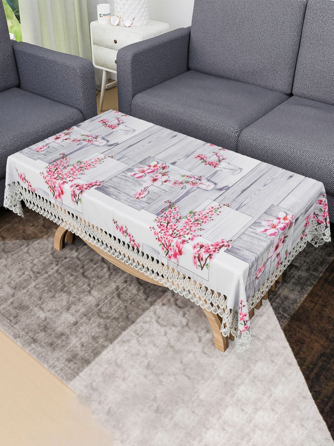 Kuber Industries Grey Floral Waterproof Plastic 4-Seater Table Cover-picture-24