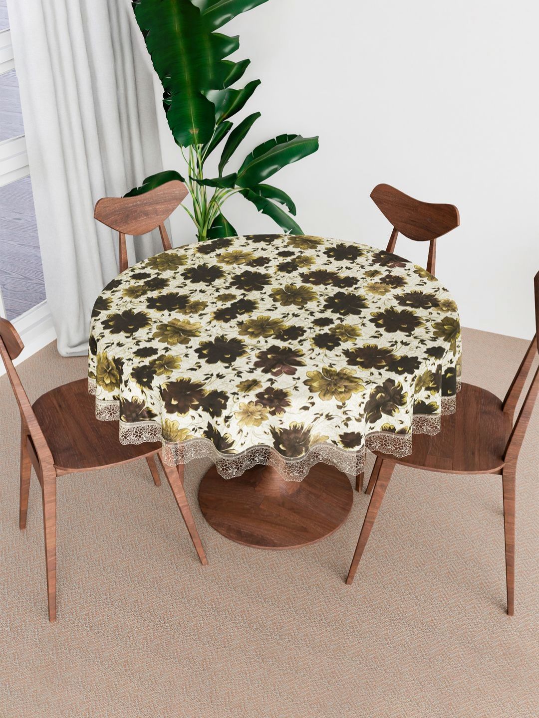 Kuber Industries Brown Floral Waterproof Plastic Round 4-Seater Table Cover-picture-28