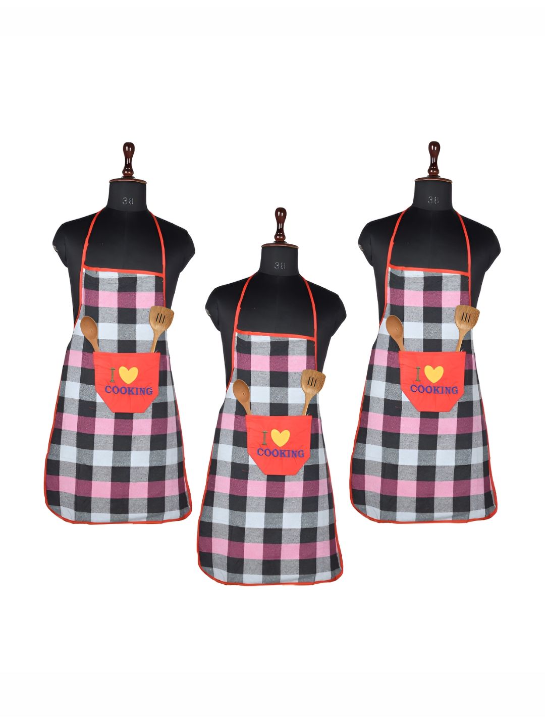 Kuber Industries 3-Pcs Red & Pink Checked Kitchen Apron-picture-26