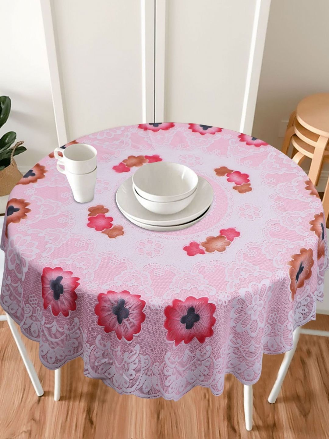 LooMantha Pink & Blue Floral Cotton Round 4-Seater Table Cover-picture-36